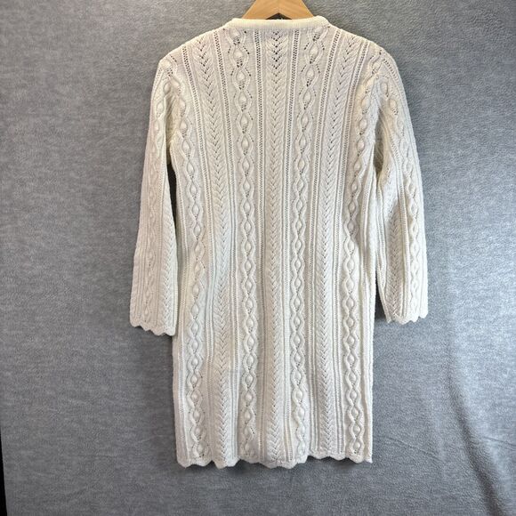 True Vintage 60s Tunic Sweater S White Cream Cable Knit Cardigan Pockets Cottage - Picture 8 of 16